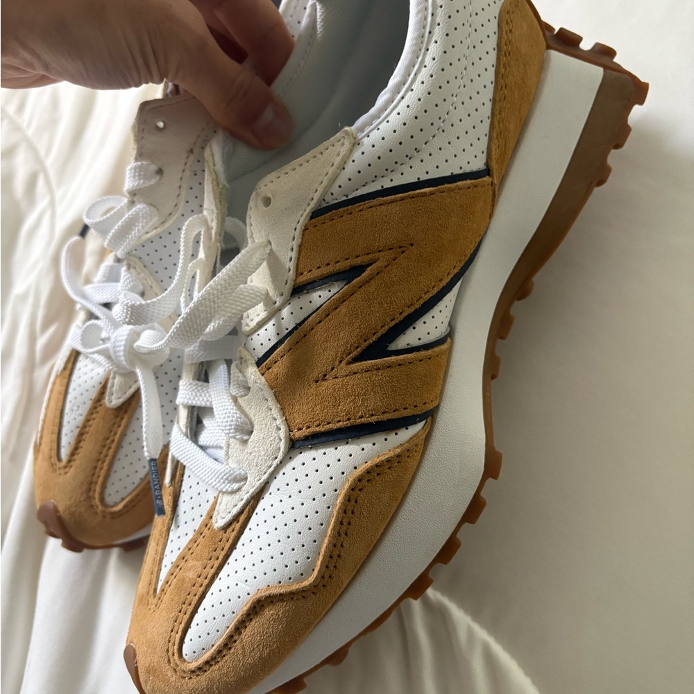 New Balance White Sneakers with Tan Suede Tongue